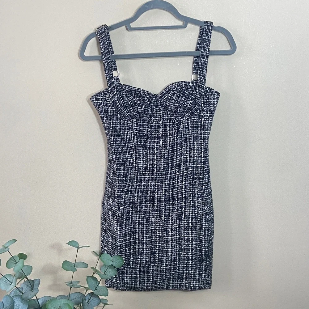Salty Tweed Mini Dress Bustier Underwire Black White Structured Bodycon Small - Picture 1 of 7